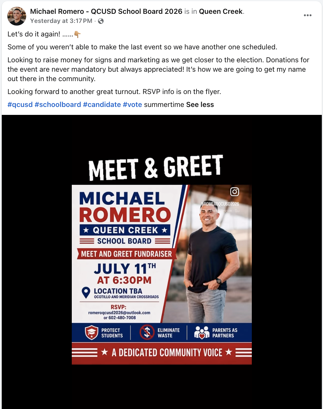 Meet and Greet for Michael Romero's candidacy for QCUSD School Board